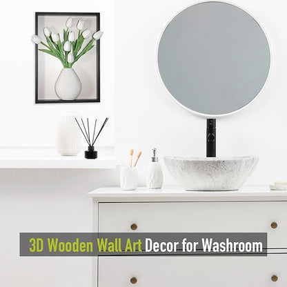 yimido Wall Planter Vase with Ceramic Pot & Artificial Tulips, 3D Wooden Wall Art Hanging Vases for Flowers, Indoor Wall Plant Holder for Home Decor, Wall Mounted Frame for Dried/Fresh Plants, Black
