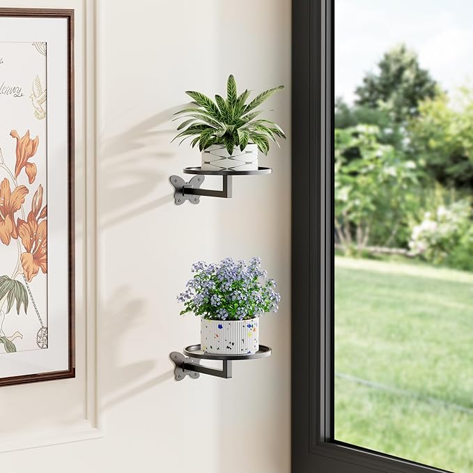 Butterfly Buckle Wall Mounted Plant Shelf 2-Pack Hanging Flower Pot Holder Black Iron Art Space Saving Indoor Balcony Decorative Shelf 5.9 Inch Round Tray Small Potted Plant Organizer Sturdy Bearing for Wall Storage Rack