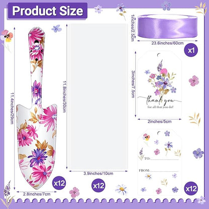 Capoda 12 Sets Floral Garden Shovels Bulk Gardening Gift for Women Garden Tools Floral Hand Heavy Duty Christmas Trowels Thank You Cards with Bags for Mom Gift Birthday Teacher(Purple,Elegant)