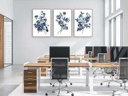 Large Framed Canvas Wall Art - Natural Float Framed Indigo Flowers Picturtes for Living Room Decor Retro Blue Floral Botanical Artwork Plants for Bedroom Kitchen Home Office Decor 96" X 48" Set of 3