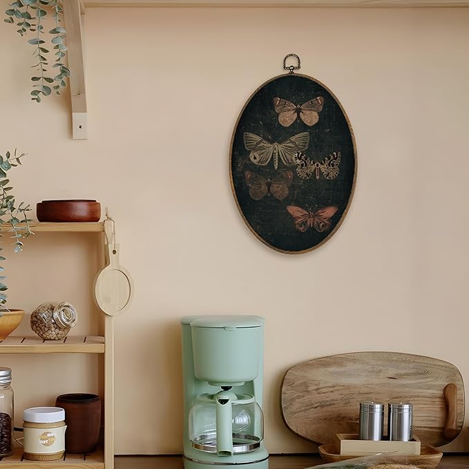 LKETW Vintage Moody Butterfly Oval Wall Art Decor, Gothic Dark Academia Butterfly Oval Canvas Hanging Decor, Dark Cottagecore Moth Wall Decorations for Home Bedroom Living Room, 8.6x11.4 Inch
