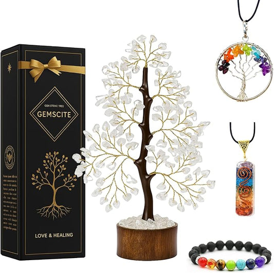 GEMSCITE Clear Quartz Crystal Tree with Golden Wire – Handmade Gemstone Bonsai for Energy Healing & Home Decor