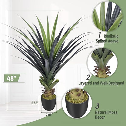 4ft Artificial Spiked Agave Plant, 48" Faux Agave Plants Indoor Small Floor Plant Perfect for Front Porch, Patio, Indoor Outdoor Home, Office Decor 1pcs