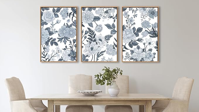 Large Framed Canvas Wall Art - Natural Float Framed Rustic Grey White Flowers Pictures Decor Gray Blue Leaves Artwork Prints for Bedroom Living Room Kitchen Home Office Decoration 72" X 36" Set of 3