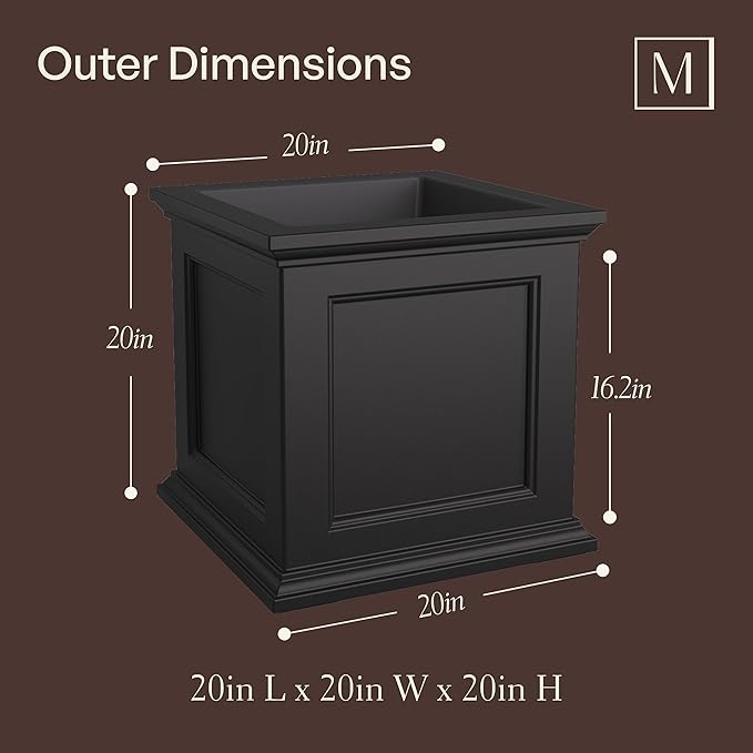 Mayne Fairview Self Watering Planter Box - 20 Inch Large Square, Classic Inset Panels, New England Architecture, Double Wall, UV & Weather Resistant for Indoor and Outdoor Use, Black
