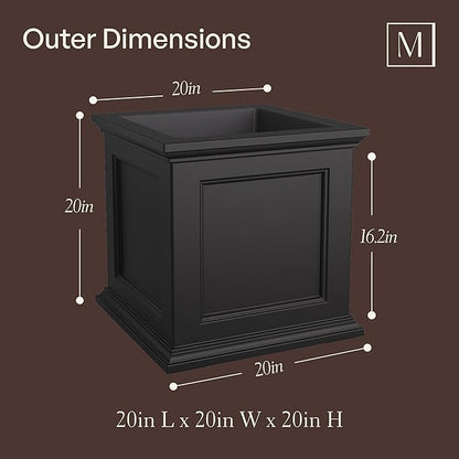 Mayne Fairview Self Watering Planter Box - 20 Inch Large Square, Classic Inset Panels, New England Architecture, Double Wall, UV & Weather Resistant for Indoor and Outdoor Use, Black
