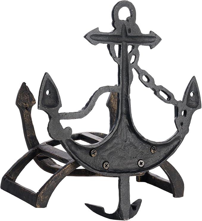 MyGift Wall Mounted Hose Holder, Nautical Cast Iron Garden Water Hose Reel, Decorative Seaside Boat Dock Themed Hook for Hanging Gardening Equipment (Ship Anchor)