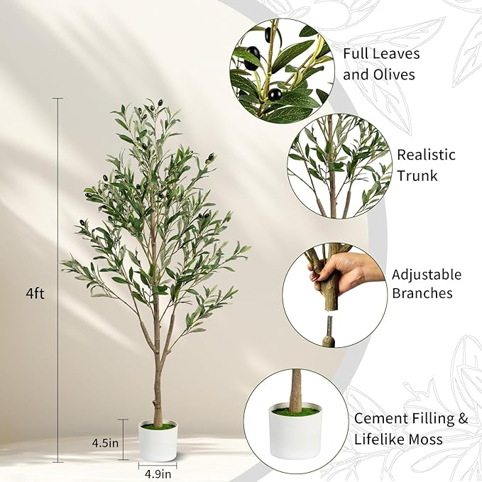 4FT Artificial Olive Tree, Indoor Faux Olive Tree Fake Potted Silk Olive Tree Plants with Lifelike Branches & Fruits for Home Office Decor