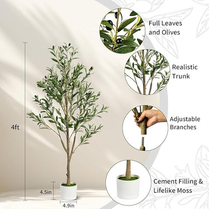 4FT Artificial Olive Tree, Indoor Faux Olive Tree Fake Potted Silk Olive Tree Plants with Lifelike Branches & Fruits for Home Office Decor