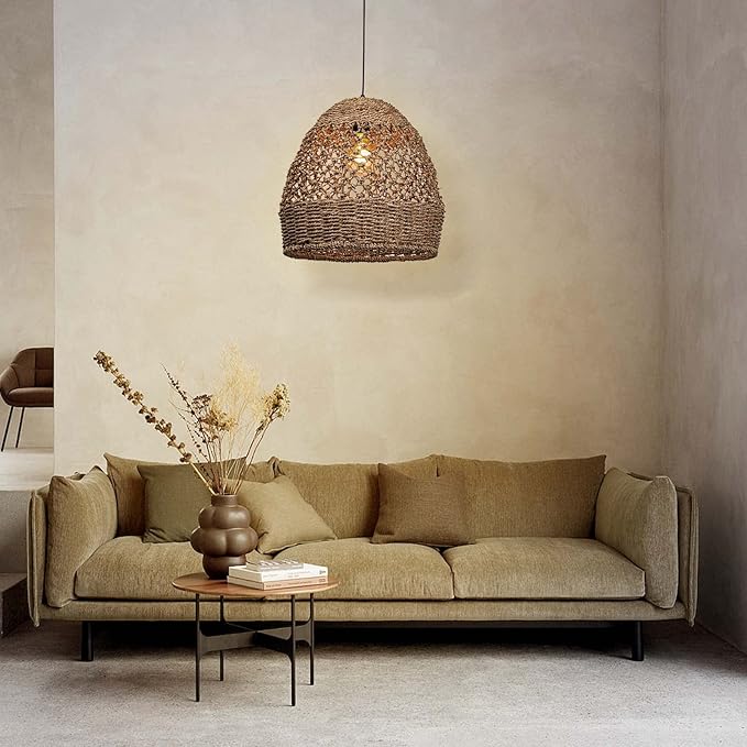Arturesthome Woven Pendant Light, Modern Boho Hanging Lamp with Handwoven Rattan Shade, Farmhouse Coastal Pendant Light Fixtures for Kitchen Island, Dining Room, Bar, Foyer Hallway D 13.7in