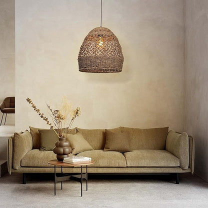 Arturesthome Rattan Woven Pendant Light for Kitchen Island, Hand-Woven Ceiling Chandelier, Handmade Natural Seaweed Hanging Lights Crafts Lampshade D 15.7in