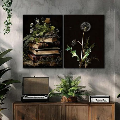 Kdyudo 2 pcs Vintage Botanical Canvas Wall Art, Gothic Dark Collegiate Style, Book Image Printing Atmosphere, Rustic Floral Painting Poster Artwork, Suitable for Study Gallery Wall Decor 12x16 inch