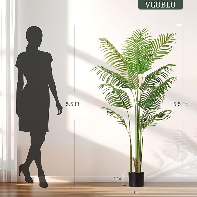 Artificial Palm Tree 5.5FT Tall Fake Tree Nearly Natural Large Tropical Faux Plant Faux Areca Palm Tree with Real Bark Design Artificial Silk Plant for Outdoor Home Office Living Room Decor