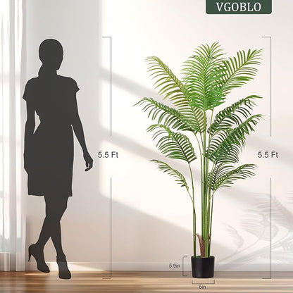 Artificial Palm Tree 5.5FT Tall Fake Tree Nearly Natural Large Tropical Faux Plant Faux Areca Palm Tree with Real Bark Design Artificial Silk Plant for Outdoor Home Office Living Room Decor