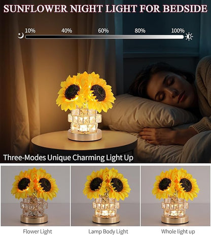 Sunflowers Flower Lamp,Rechargeable Cordless Touch Lamp,3-Colour Infinitely Dimming Small Night Light,Crystal Table Lamp,Christmas/Mother's Day/Birthday Gifts for Women,Home Decor.