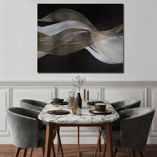 ZENPEE Modern Gold and White Wave Wall Art, Hand Painted on Canvas, Black Background, Textured Wall Art, Framed, Ready to Hang, Contemporary Decor for Living Room Office 32x40 In