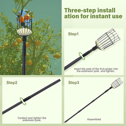 Fruit Picker Pole with Basket - 10.7FT(329CM) Adjustable Tree Gardening Supplies with Stainless Steel Handle Apple Picker Fruit Grabber Reach Tool for Mango Pear Orange Avocados Fruit Picking, Black