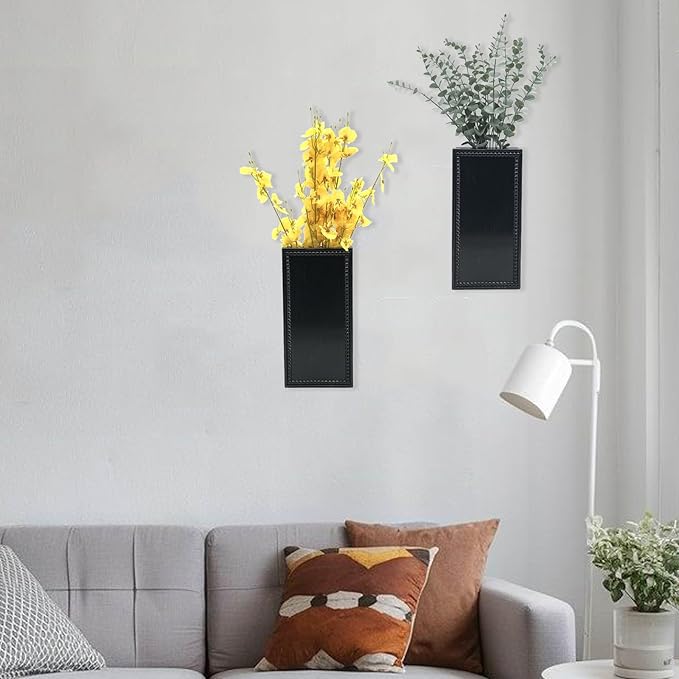 Wood Wall Planter Set of 2, Farmhouse Wall Hanging Decor Pocket Planter for Greenery and Dried Flowers, Rustic Indoor Wood Hanging Vase (Black)