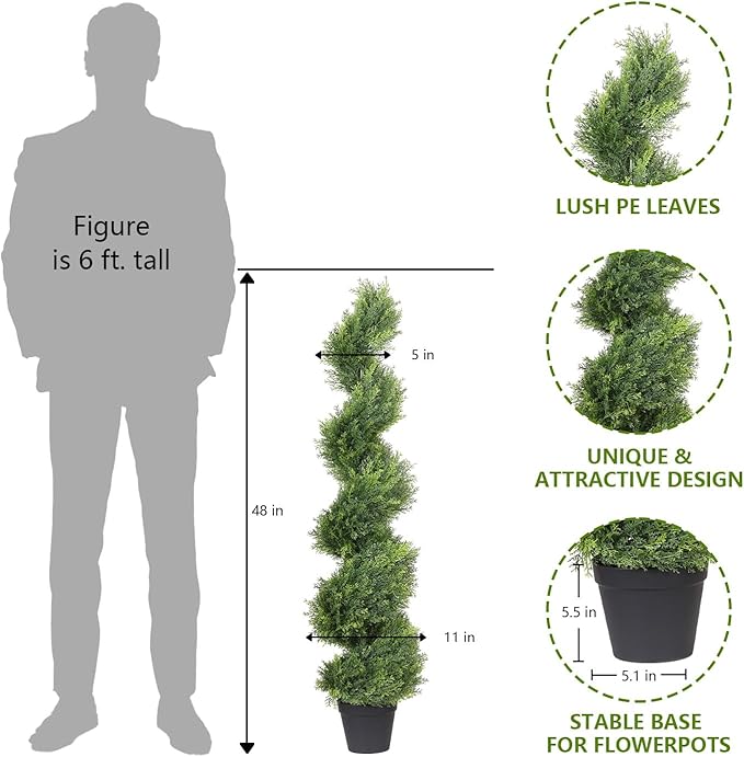 THE BLOOM TIMES 4ft Artificial Topiary Trees Set of 2, 48 inch Faux Cedar Cypress Spiral Topiary Trees Outdoor - Fake Plants for Garden Front Porch Indoor Outside Planter Decor 4 Foot