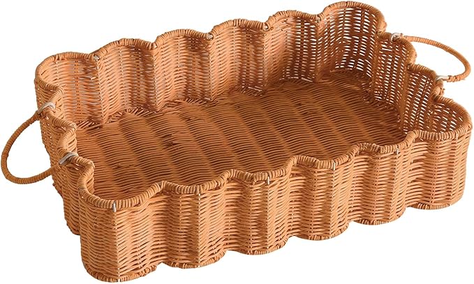 Scalloped Rattan Tray Basket,17"*12"*4" Super Hard Rectangle Hand Woven Wicker Serving Tray with Handles, Seagrass Decoratve Tray for Coffee Table (Rattan-Light Orange-17 * 12 * 4")