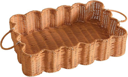 Scalloped Rattan Tray Basket,17"*12"*4" Super Hard Rectangle Hand Woven Wicker Serving Tray with Handles, Seagrass Decoratve Tray for Coffee Table (Rattan-Light Orange-17 * 12 * 4")