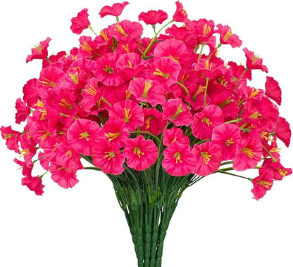 15 Bundles Artificial Flowers UV Resistant Outdoor Plants No Fade Faux Plastic Shrubs Fake Silk Flowers Window Box Garden Porch Home Decoration (Morning Glory Fuchsia)