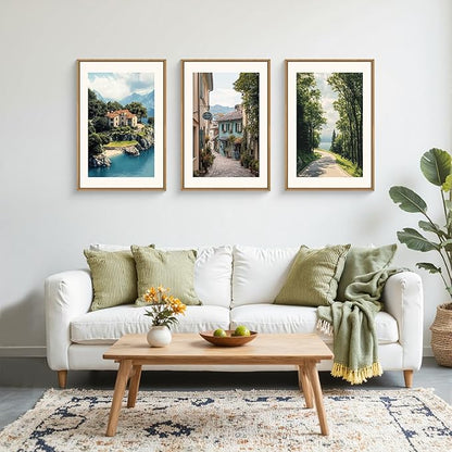 Large Vintage Italy City Coast Framed Canvas Wall Art,Modern French Country Street Wall Decor,Natural Town Tree Landscape Artwork for Living Room,Dining Room,Office -16"x24"x3