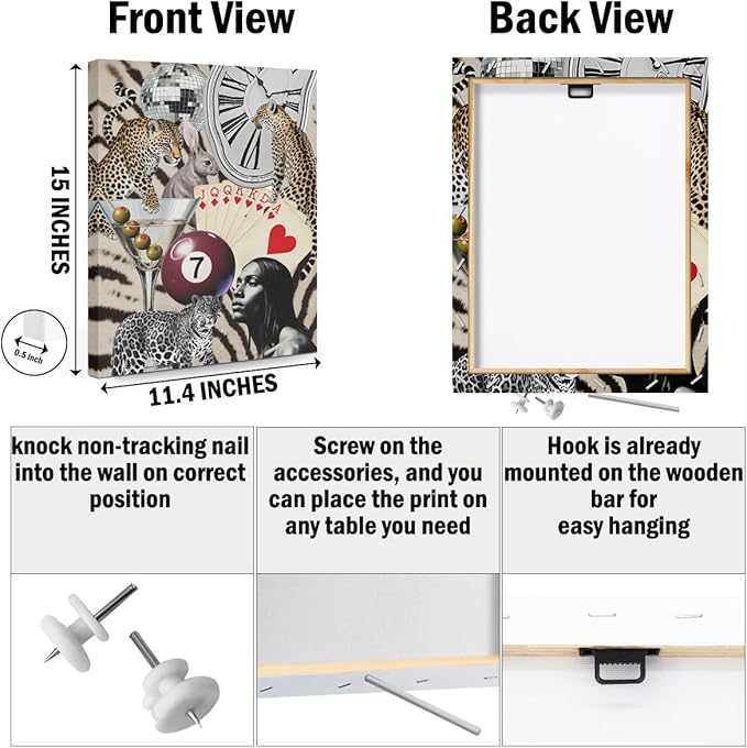 Trendy Leopard Print Framed Canvas Wall Art Set of 3, Vintage Vinyl Record Cheetah Wall Decor Aesthetic, Funky Lucky 8 Ball Picture Trendy Decor for Home Living Room Bathroom, 11.4"x15"