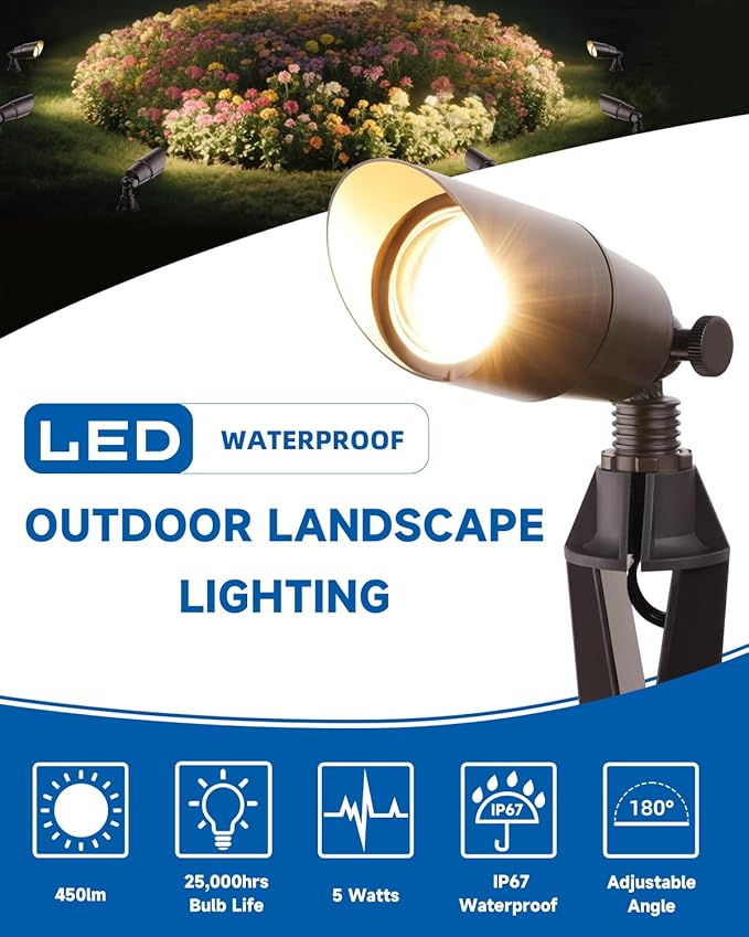 Brass Landscape Spotlights: Solid Brass Landscape Lights, Waterproof 12V Low Voltage Spot Lights with 5W MR16 LED Bulb (Warm White) for Garden, Patio, Lawn & Yard