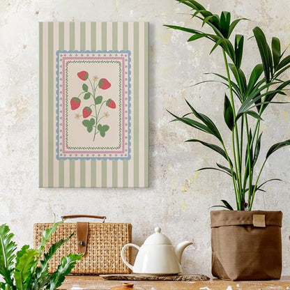 Vintage Green Striped Strawberry Canvas Prints Painting Trendy Botanical Flowers Posters Cute Fruit Cottagecore Wall Art Farmhouse Boho Aesthetic Pictures Decor for Kitchen Bedroom 20x30inch Framed