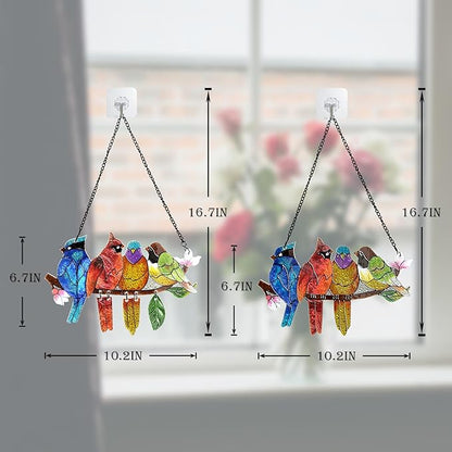 2 Pack Stained Glass Window Hanging - Hummingbird Decorations Suncatcher Hand-Painted Double Sided Birds on A Branch Sun Catcher for Window Home Decor Gifts for Mom,Bird Lovers