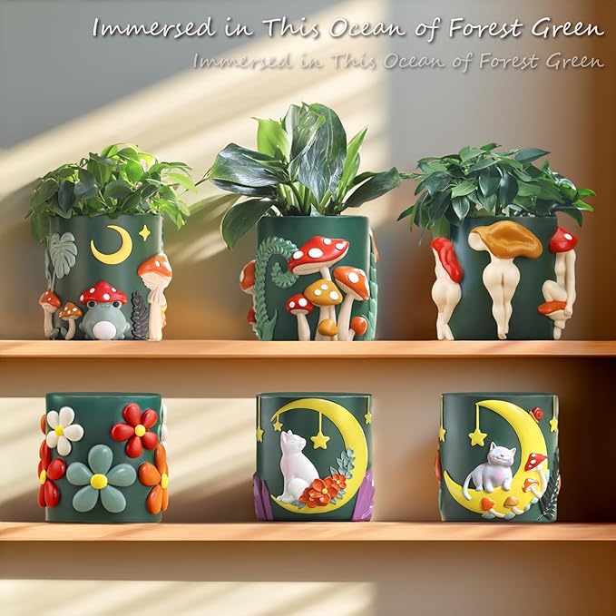 GUGUGO 8 Inch Colorful Mushrooms Planters Cute Unique Rainbow Planter with Drainage, Vintage Retro Flower Plant pots for Indoor Plants, Boho Modern Home Décor (8 Inch, B)