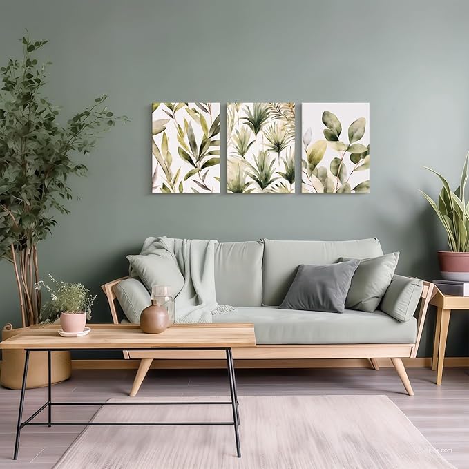 Framed Green Plant Wall Art Boho Picture Floral Canvas Painting Simple Flower Poster Print Bedroom Bathroom Living Room Wall Decor 16x24 inches x3 Ready to Hang