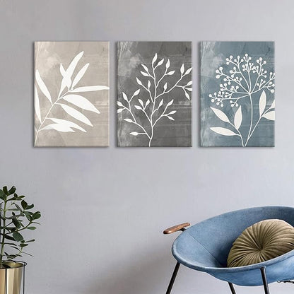 okudolit Vintage Botanical Canvas Wall Art Set of 3 Blue Grey and Beige Neutral Plant Leaf Prints Boho Minimalist Floral Art Pictures Wall Decor for Living Room Bedroom bathroom Office-12x16in