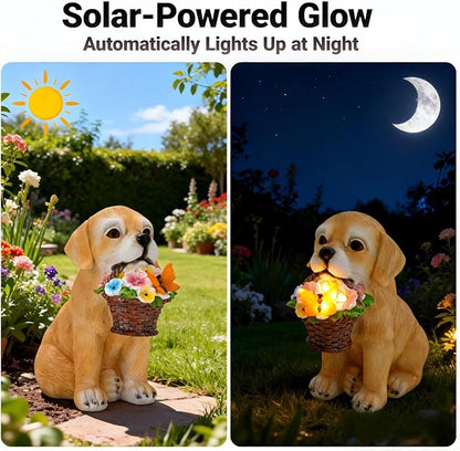 Solar Garden Dog Statue Outdoor Decor – Funny Golden Puppy Figurine with Butterfly & Flower Basket, Resin Yard Porch Patio Ornaments, Unique Christmas Birthday Gifts for Mom Grandma Women