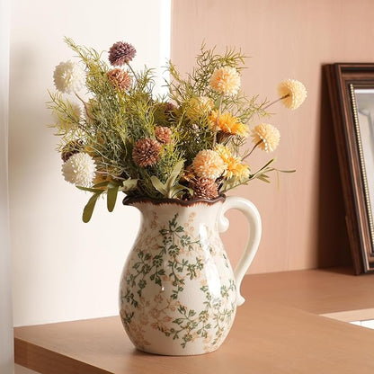 Vintage Ceramic Vase - 8.2 Inch Hand-Painted Flowers with Ice Crackle Glaze Finish, American Farmhouse Style Pitcher Vase for Home Decor, Centerpiece, Shelf, Table, Office