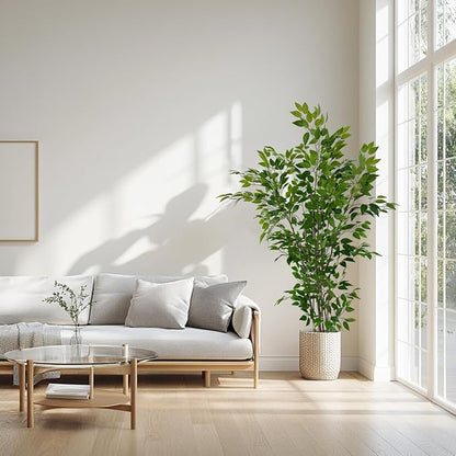 Artificial Ficus Tree with Green Leaves, 6ft Tall, Indoor Plant with Decorative Beige Planter