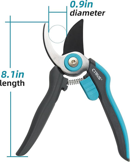 Pruning Shears for Gardening, 8” Stainless Steel Gardening Hand Pruner, Bypass Pruning Shears Steel Blades with Non-stick Coating Adjustable Up to 3/4" Cut Reinforced Plastic Handles