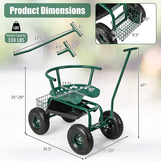 Goplus Rolling Garden Seat with Wheels, Outdoor Garden Cart with 360° Swivel Seat & Tool Storage, 2 Steering Handles, Gardening Stool Wagon Scooter, Lawn, Patio Gardening Workseat for Seniors