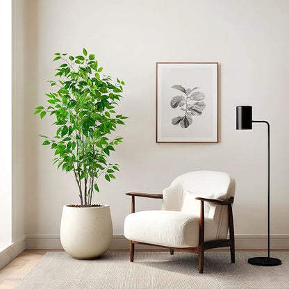 Artificial Ficus Tree with Green Leaves, 5ft Tall, Indoor Plant with Decorative Beige Planter