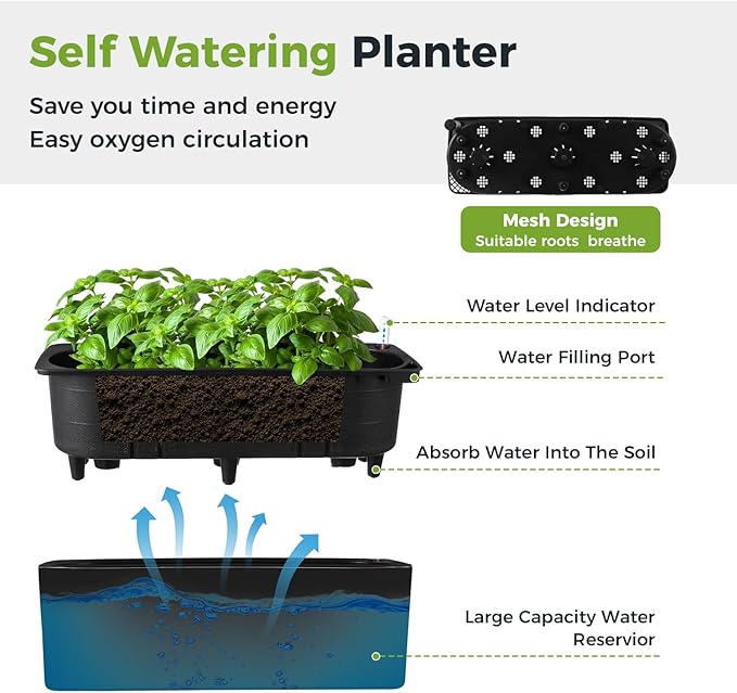 2 Pack Rectangular Self Watering Planter 15.6 x 5.4 in Window Sill Planters Indoor Rectangle Planter Self Watering Pots Plastic Plant pots with Drainage Holes Black Flower Pot (Black)