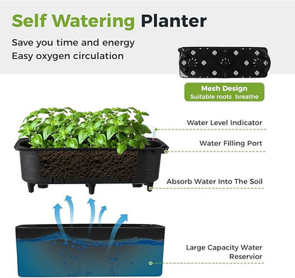 2 Pack Rectangular Self Watering Planter 15.6 x 5.4 in Window Sill Planters Indoor Rectangle Planter Self Watering Pots Plastic Plant pots with Drainage Holes Black Flower Pot (Black)