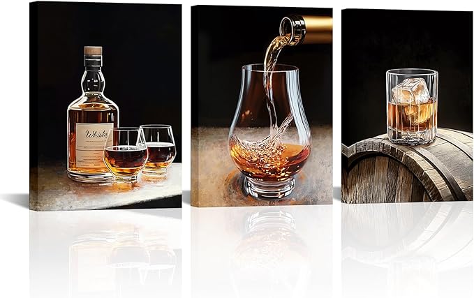 AoArtWZ Whisky Glasses Canvas Wall Art 3 Piece Whisky Bottle and Barrel Painting Pictures Prints Home Bar Mens Room Decor Framed Artwork 12" x 16" x 3pcs