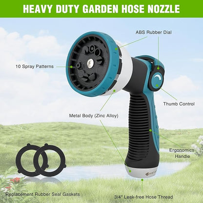 Yesker Garden Hose Nozzle Water Hose Sprayer Nozzle Adjustable 10 Spray Patterns Heavy Duty Metal Nozzles Thumb Control w Non-Slip Grip for Outdoor Watering Plants Lawn Washing Car Pets, Black & Blue
