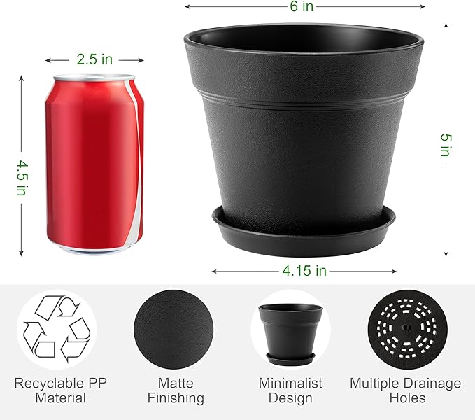10 Pack Plastic Plant Pots with Drainage Holes and Tray, 6 inch Thickened Indoor Planters Seedlings Nursery Pots for Flowers, African Violet, Succulent and All House Plants, Black