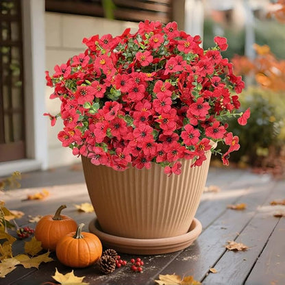 Artificial Flowers Outdoors UV Resistant Fake Plants, 12 Bundles Silk Daisy in Pots for Porch Patio Garden, Faux Potted Home Decor for Outside (Red)