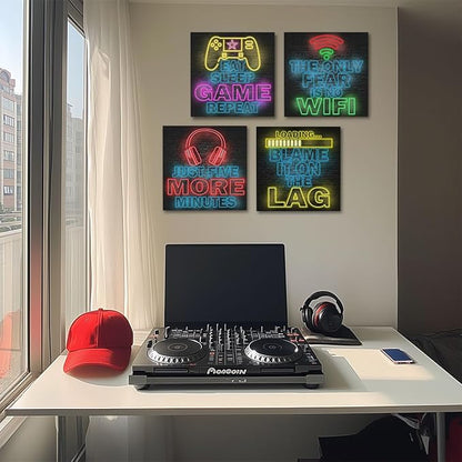 4 PCs Neon Gaming Wall Decor Canvas Wall Art Framed Art Game Room Decor Boys Room Decor Gaming Posters, Gamer Room Decor for Boys, Artwork for Walls Video Game Room Playroom Man Cave Home Decor