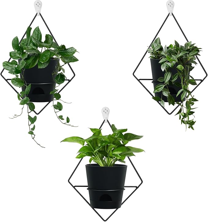 3 Sets Wall Planters for Indoor Plants Geometric Hanging Planters for Indoor Plants - Self-Watering Flower Pots with Black Metal Holder, Mounted Succulent Planter, 5" Black Plant Pot