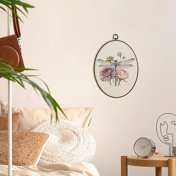 MAQIKA Dragonfly Flower Oval Framed Wall Art Decor, Dragonfly Wall Art, Boho Botanical oval Wall Oval Decor, Vintage Dragonflies Canvas Prints Wall Art for Farmhouse Wall Bedroom,8.7x11.3 Inch