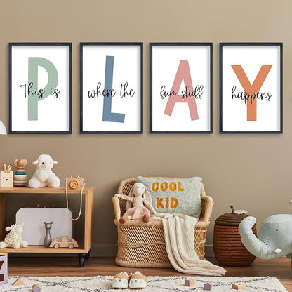 TQianJiang Playroom Wall Art for Kids 4 Piece PLAY Letter Prints with This is Where the Fun Stuff Happens Quote 11"×16" Modern Colorful Decor Children Nursery Toddler Wood Framed Wall Hanging (Black)
